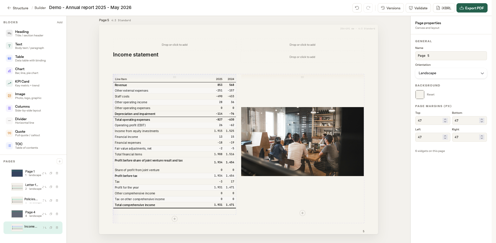 The Statera report builder: the blocks palette, an income-statement page on the canvas, and page properties, with Versions, Validate, iXBRL and Export PDF in the toolbar.